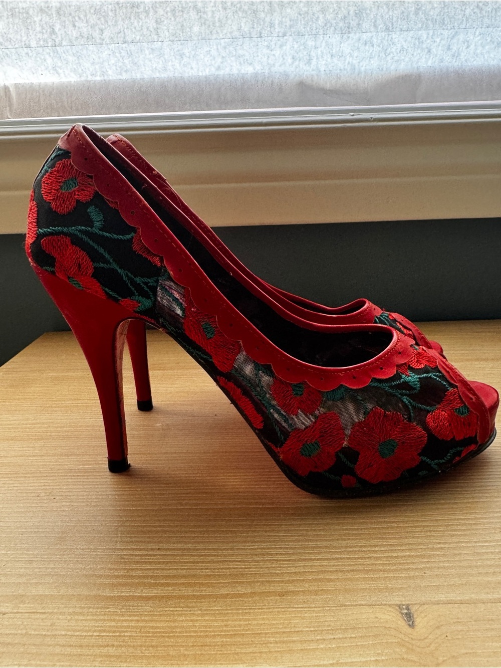 Betsey Johnson Red Floral Peep-Toe Heels with Teal Embroidery